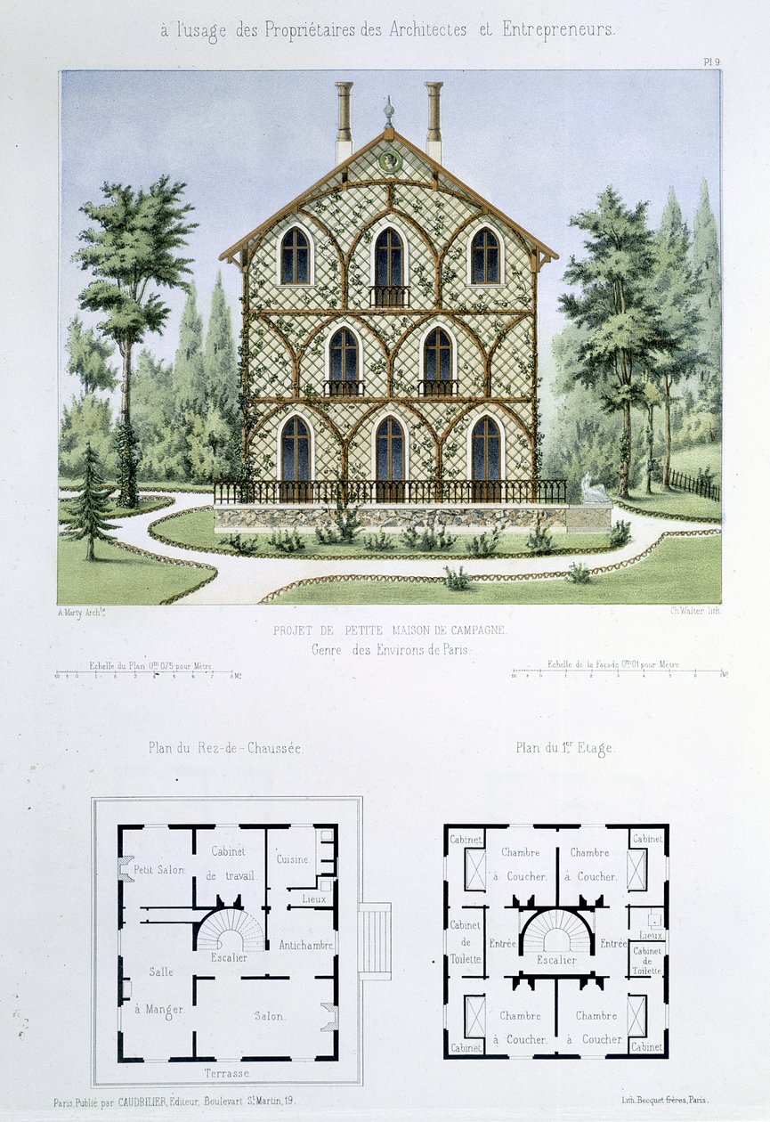 巴黎附近的一个小型乡村别墅项目，由Walter雕刻而成，来自&39;Architecture Pittoresque et Moderne&39;的9号板块 作者 马蒂