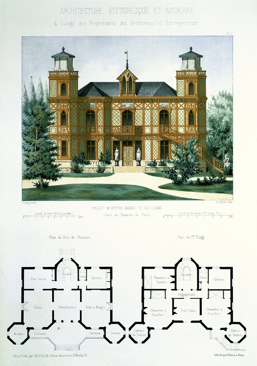 巴黎附近的一个小型乡村别墅项目，由Walter雕刻而成，来自&39;Architecture Pittoresque et Moderne&39;的7号板块 作者 马蒂