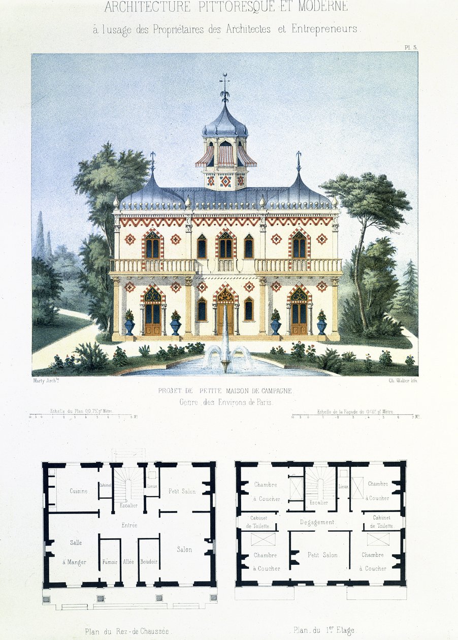 巴黎附近的一个小型乡村别墅项目，由Walter雕刻，建筑Pittoresque et Moderne的5号板块 作者 马蒂