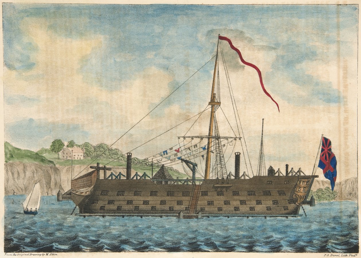 监狱船萨拉托加关闭达特茅斯，酒吧。 1840年（手工彩色雕刻） 作者 阿尔肯之后的马丁