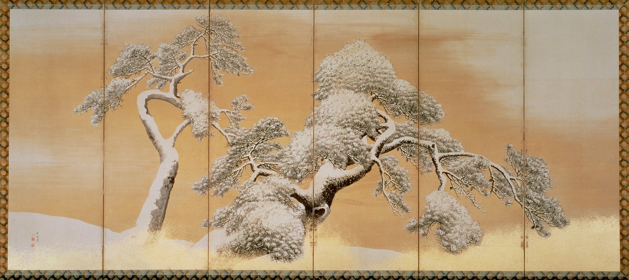 雪下的松树（笔和墨水，颜色，面板上的金纸）（见216567） 作者 丸山大京