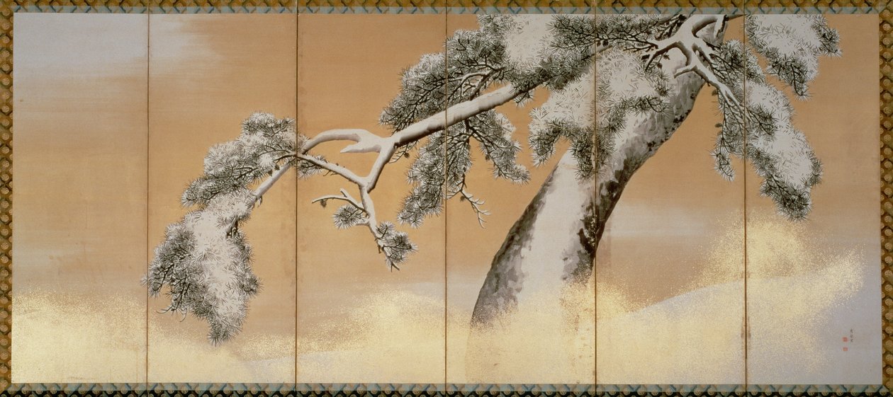 雪下的松树（笔和墨水，颜色，面板上的金纸）（见216568） 作者 丸山大京