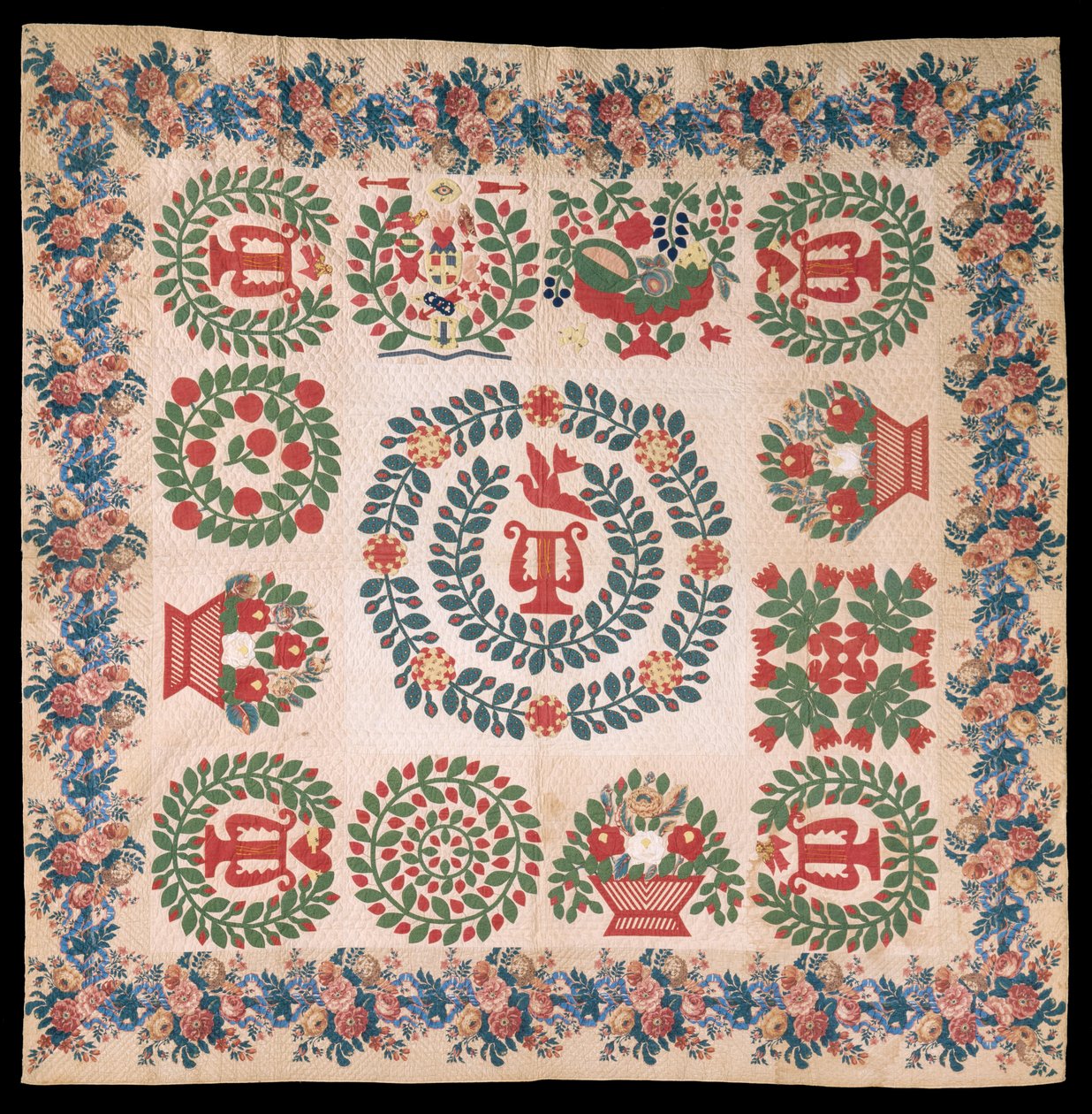 Odd Fellows Applique Album被子，1850年（棉和丝） 作者 玛丽·安·麦库