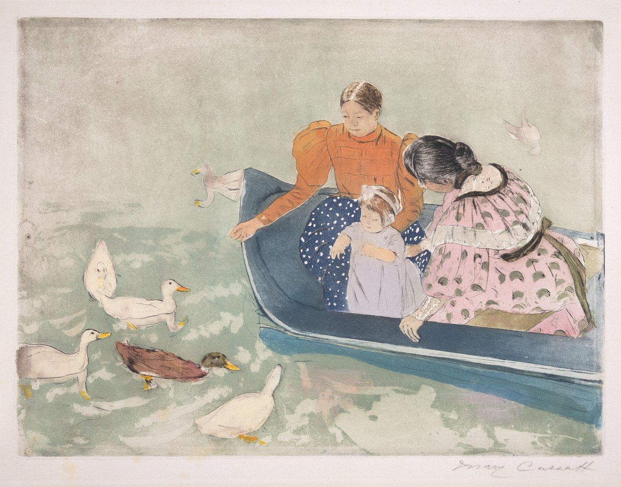 喂养鸭子，1895年（在纸上干点和aquatint） 作者 玛丽·卡萨特