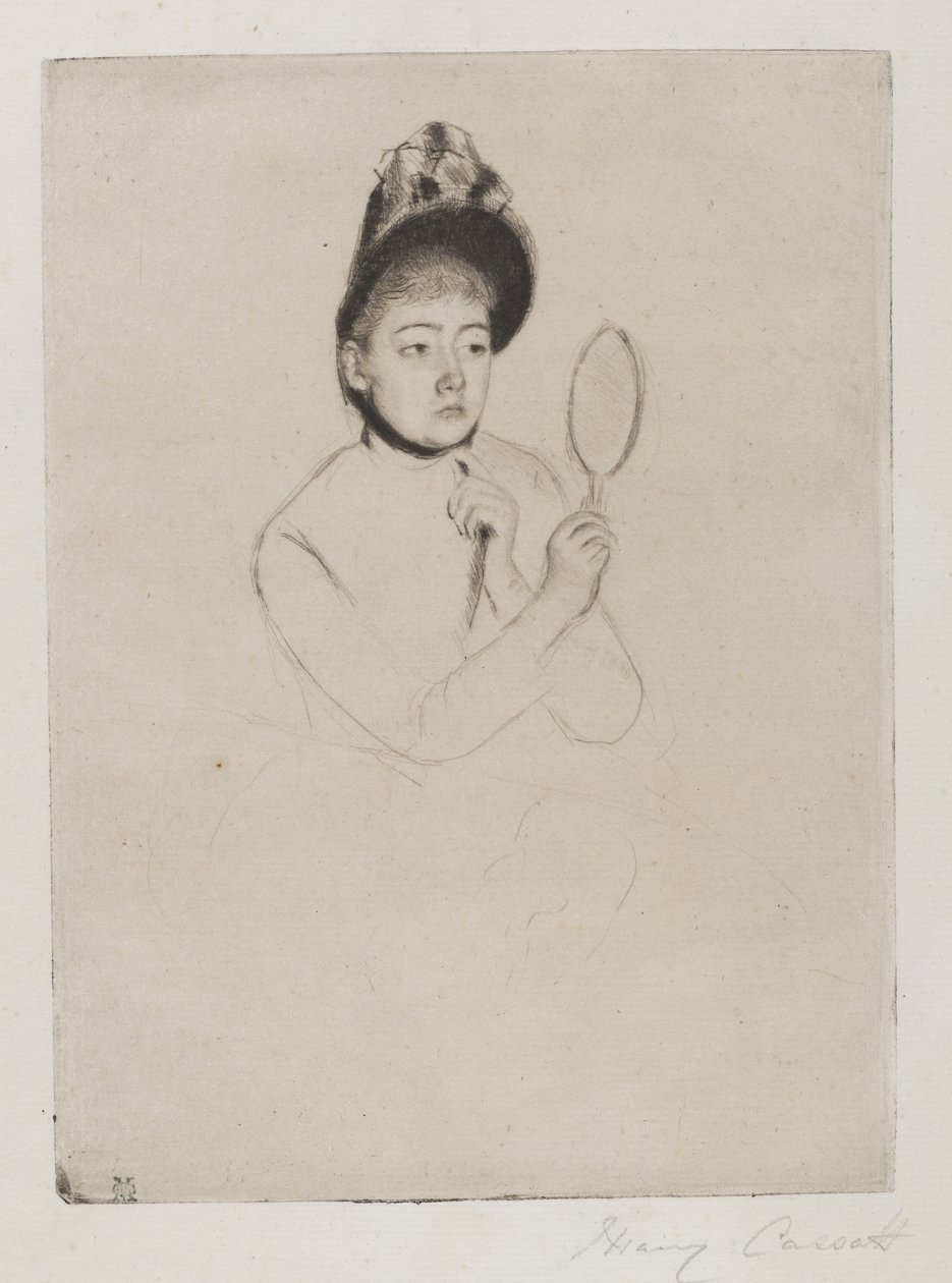 Femme au Mirror（The Bonnet），c.1891（奶油色纸上的干点） 作者 玛丽·卡萨特