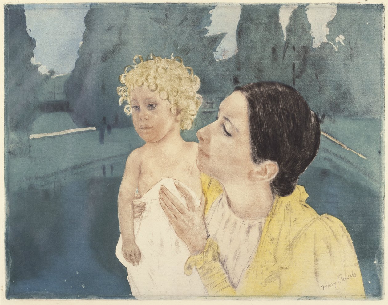 游泳池前的母亲和孩子，1898年（干燥点和纸上的aquatint） 作者 玛丽·卡萨特