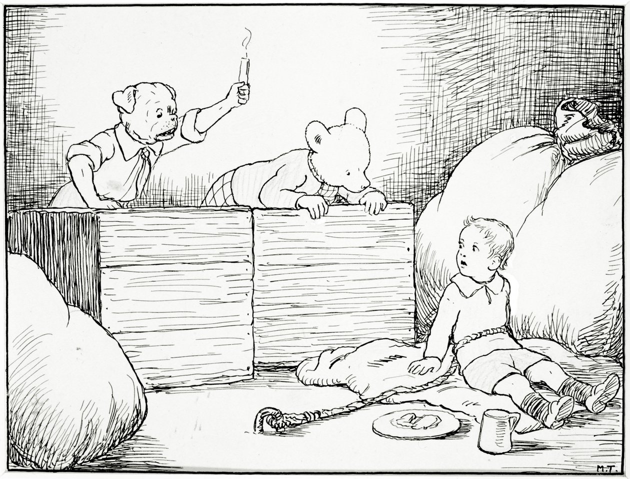 他们看到一个小男孩上翘的脸惊恐地注视着他们，来自Rupert Bear Goes Hiking，酒吧的插图。 20世纪20年代伦敦Marston＆Co。（笔和墨水，纸上蜡笔） 作者 玛丽·图尔特
