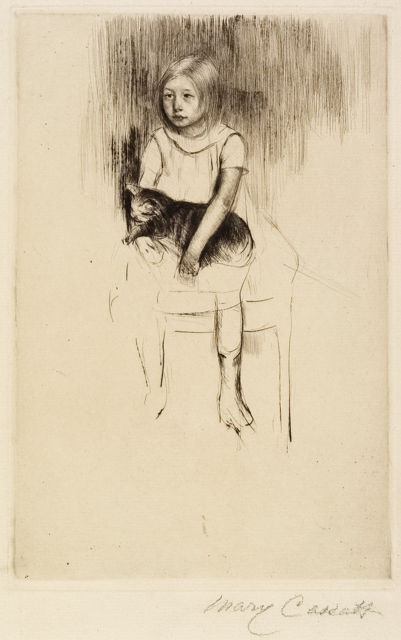 艾伦抱着一只猫，向左看，c。 1887年 作者 玛丽·卡萨特