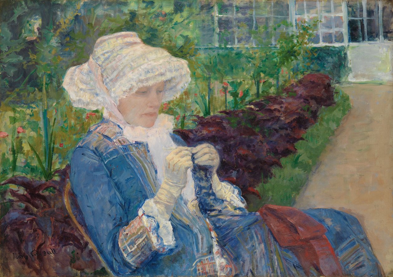 1880年Marly花园里的Lydia Crocheting 作者 玛丽·卡萨特