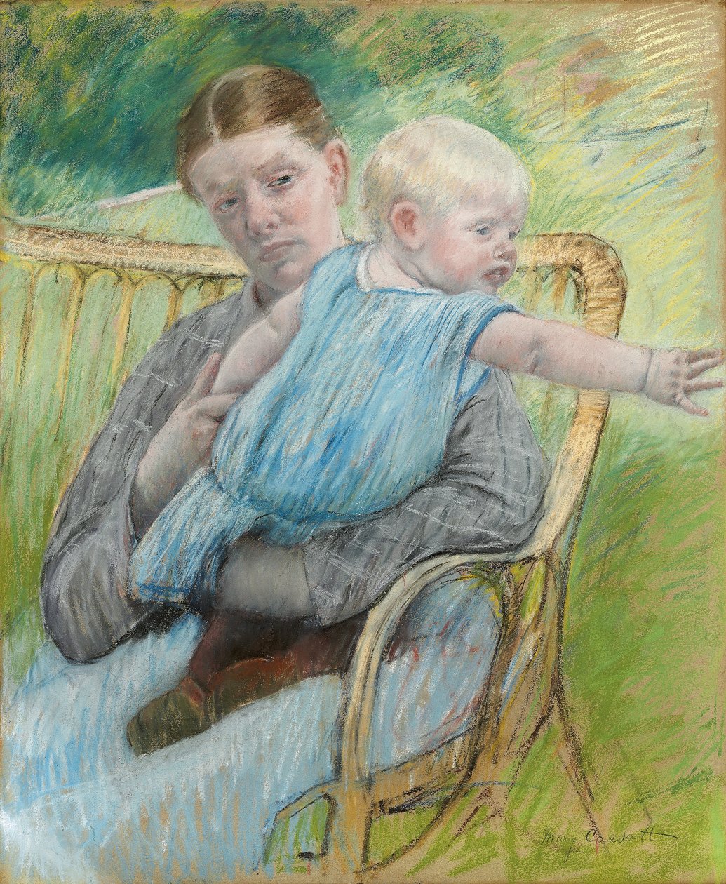 玛蒂尔德（Mathilde）抱着一个伸向右边的婴儿，约1889年 作者 玛丽·卡萨特