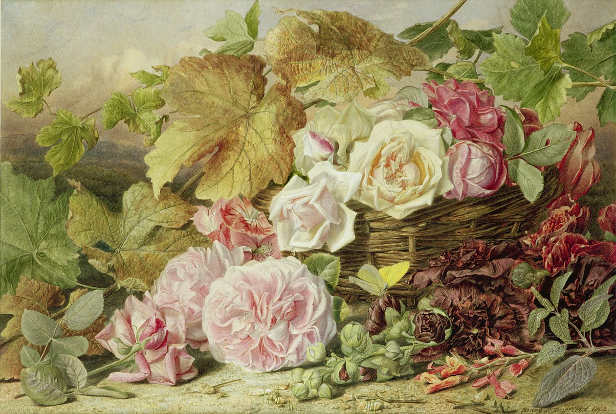 牡丹，玫瑰和蜀葵，1862年 作者 玛丽·伊丽莎白·杜菲尔德