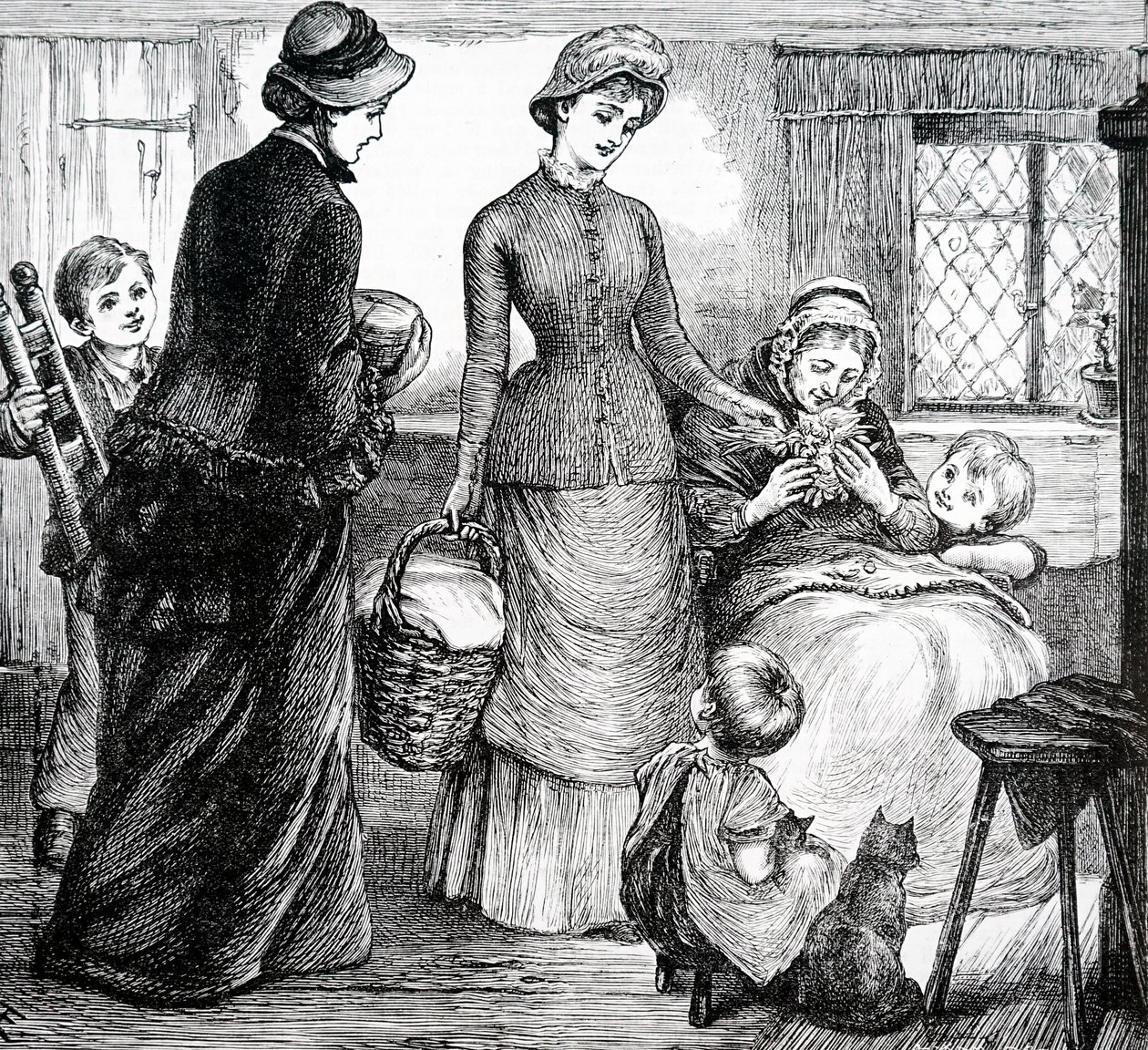 A woman giving gifts to a poor cottager. By Mary Ellen Edwards (1838-1934) an English artist 作者 玛丽·艾伦·爱德华兹