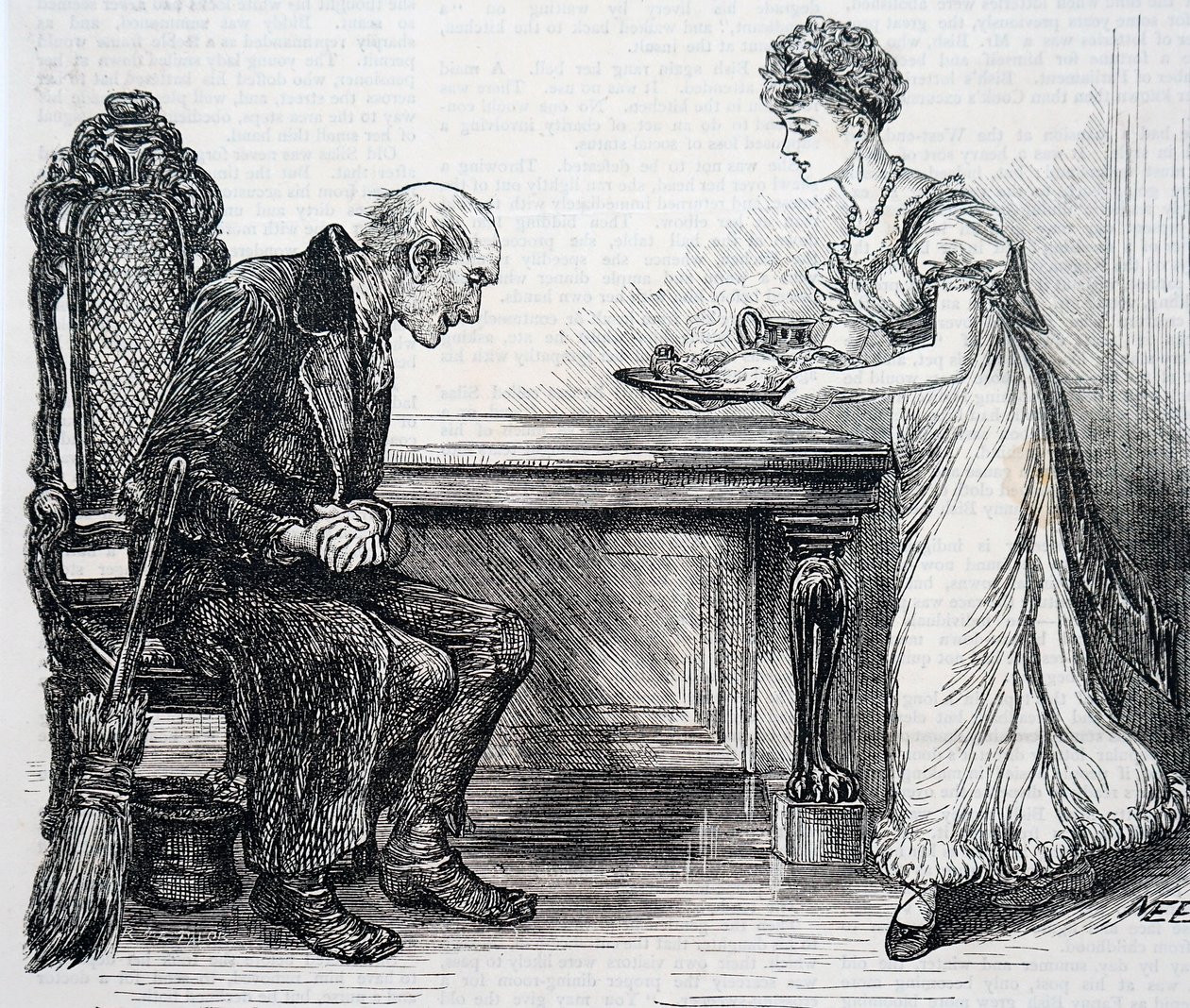 A woman giving the crossing sweeper a warm dinner. By Mary Ellen Edwards (1838-1934) an English artist 作者 玛丽·艾伦·爱德华兹