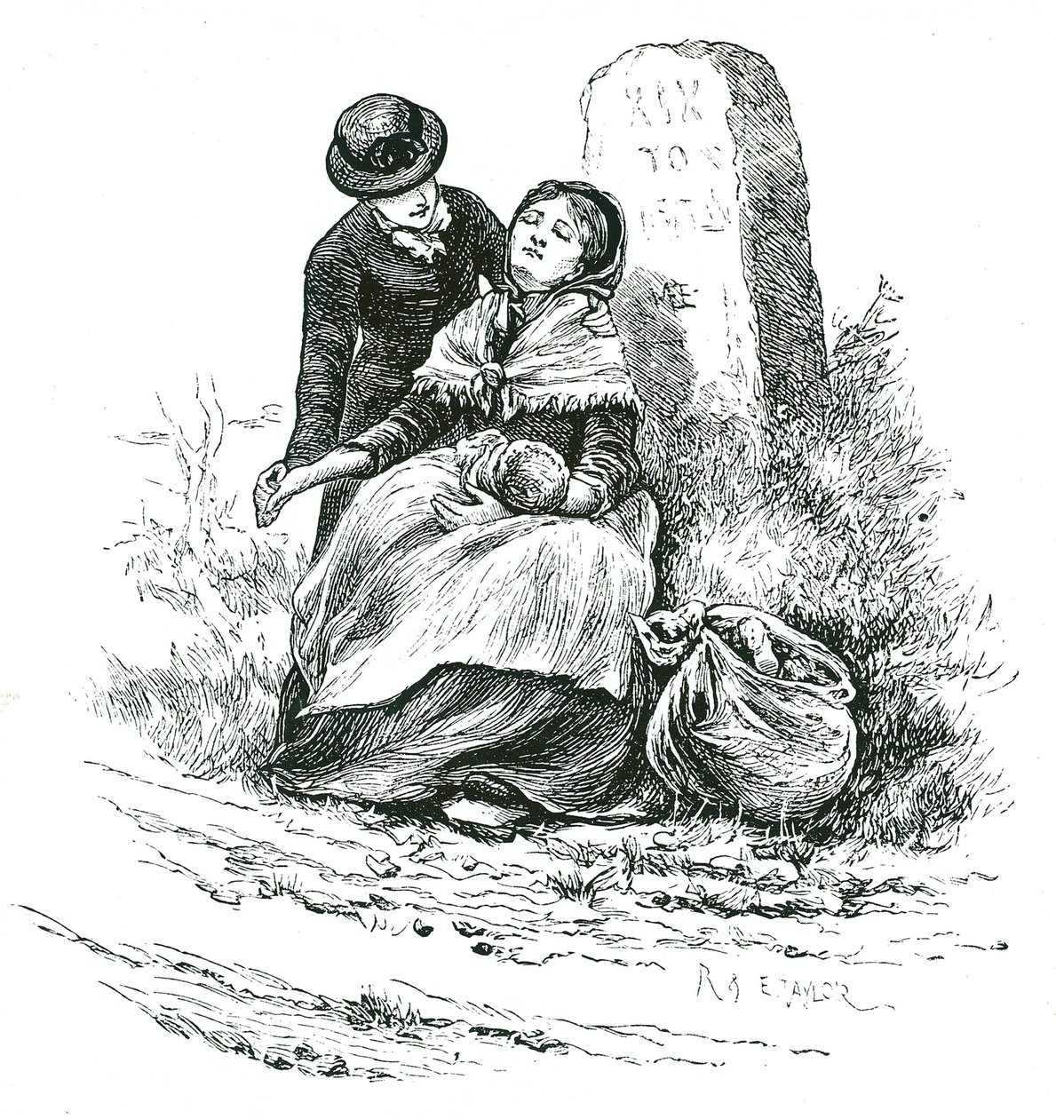 An destitute, unmarried mother found exhausted on her way to the Workhouse with her baby. Scene reminiscent of a Thomas Hardy novel but one not uncommon in rural areas throughout the country. Illustration by Mary Ellen Edwards c1881. 作者 玛丽·艾伦·爱德华兹
