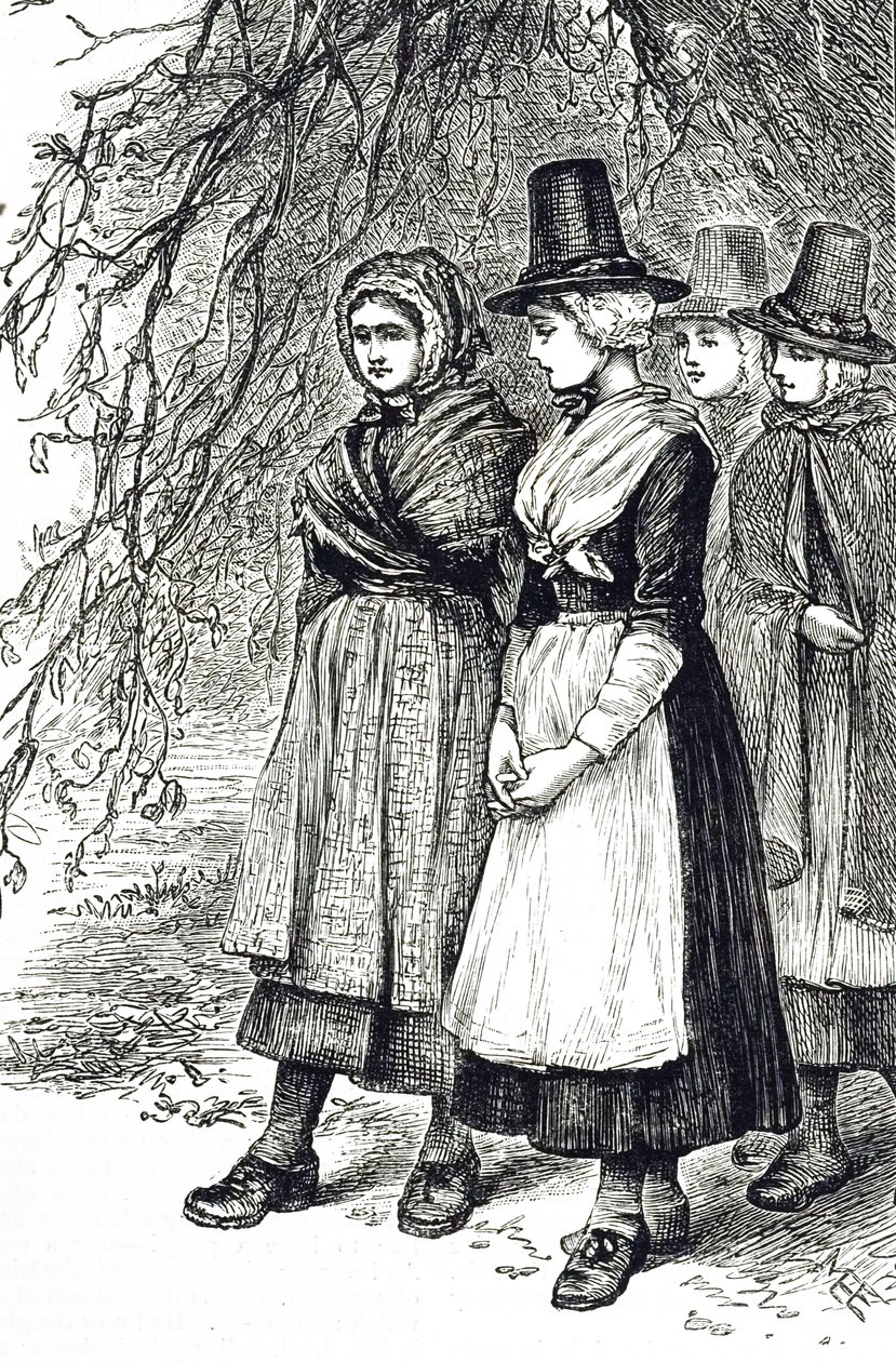 An engraving depicting Welsh girls at a Hollantide Fair, a hiring fair, waiting to be engaged as domestic servants. Illustrated by Mary Ellen Edwards (1838-1934) an English artist and illustrator of children