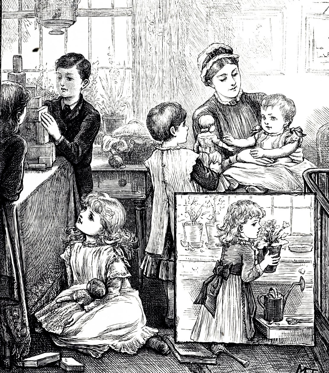 An engraving depicting a regular scene of a wealthy Victorian family. In the main image, the children are being watched over by their nursemaid as they play with building bricks. The insert image shows a small girl places a potted plant on a window sill. I 作者 玛丽·艾伦·爱德华兹