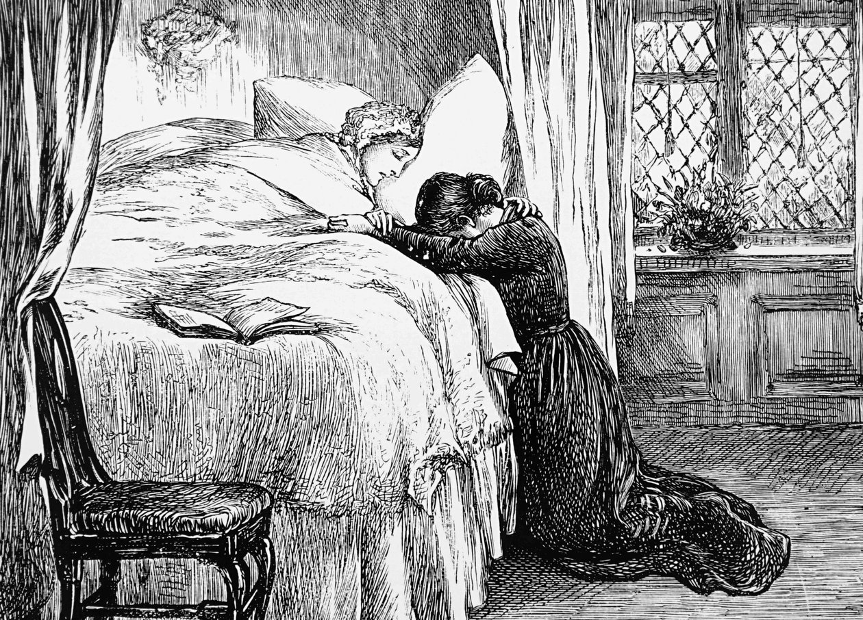 Illustration depicting a daughter weeping at her mother