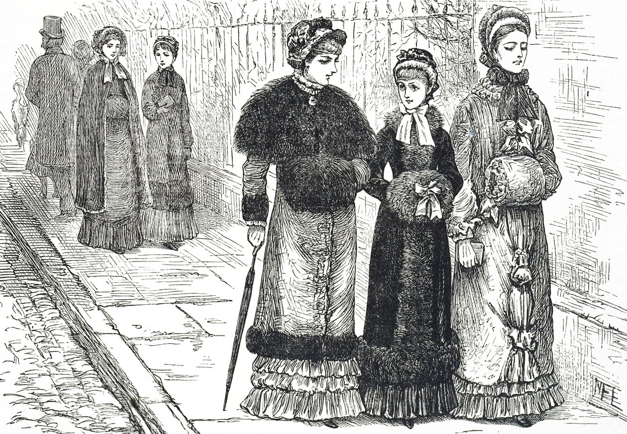 Illustration depicting young women with muffs, to keep their hands warm during the colder weather 作者 玛丽·艾伦·爱德华兹