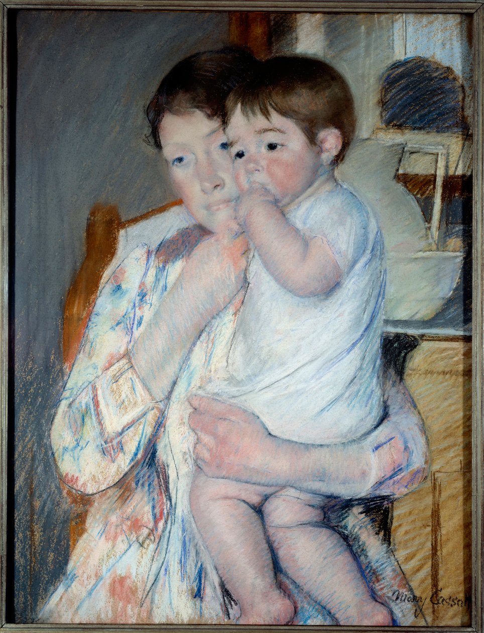 放置果酱和碗的平板电脑前的妇女和儿童。 Mary Cassatt (1844-1926) Ec. 的绘画。 是 作者 玛丽·史蒂文森·卡萨特