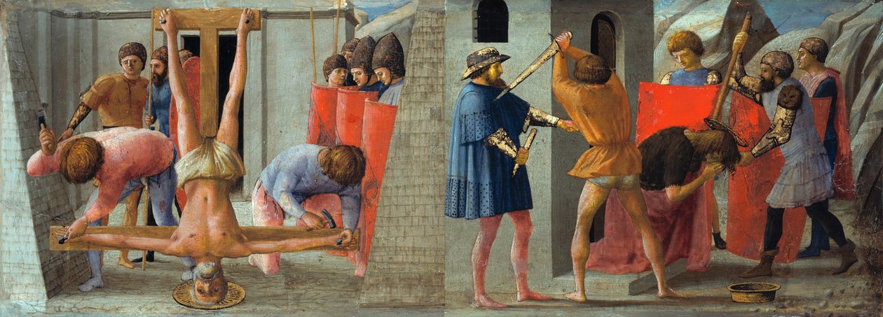 意大利文：  Masaccio crocefissione di san pietro e martirio di san giovanni Battista 《使徒彼得的受难和施洗约翰的斩首 作者 马萨乔