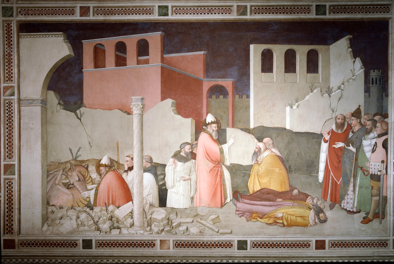 Zigawo za Usiku Watsopano Chaka Chatsopano: Papa Saint Sylvester I (Silvester kapena Silvestro) (314-335) amatseka pakamwa pa chinjokacho (kumanzere) ndikuwukitsanso mizere iwiri yamatsenga ndi mpweya wa chinjoka (Papa Sylvester I ndikuchotsa chinjoka ndik 作者 Maso di Banco
