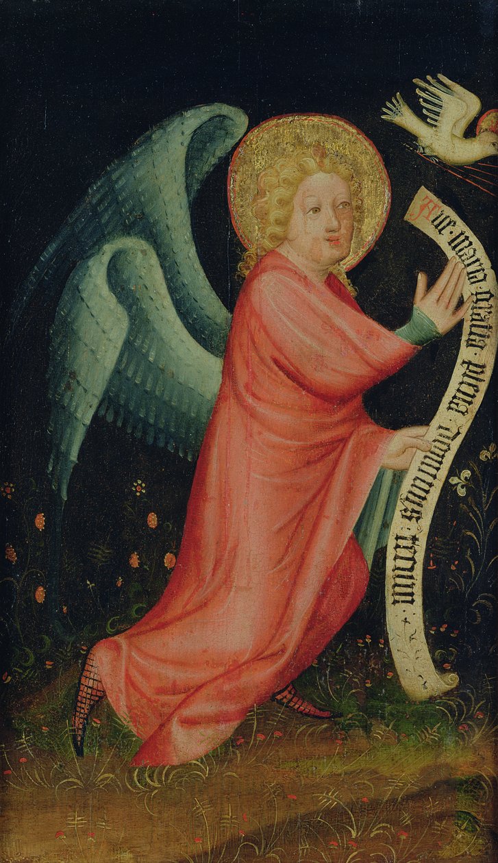 来自收割机祭坛的天使报喜，c.1410（橡树上的蛋彩画）（另见145253和145255） 作者 明登大师Bertram