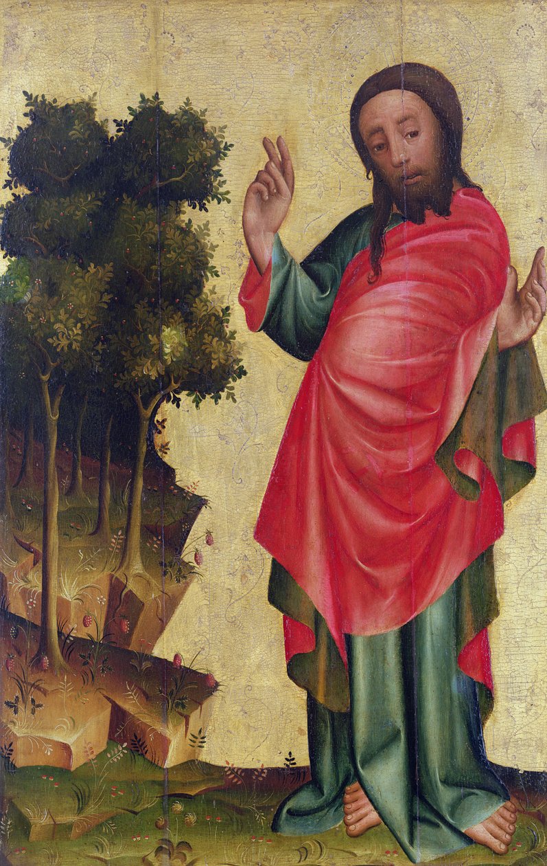 干旱的土地和植被的创造，详细信息来自The Grabow Altarpiece，1379-83（面板上的蛋彩画） 作者 明登大师Bertram