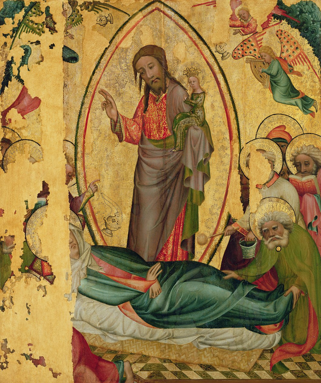 Dormition，从Buxtehude祭坛的左翼，1400-10（面板上的蛋彩画） 作者 明登大师Bertram
