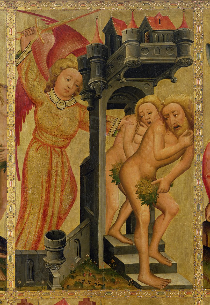 从天堂花园中驱逐出来，详细信息来自The Grabow Altarpiece，1379-83（面板上的蛋彩画） 作者 明登大师Bertram