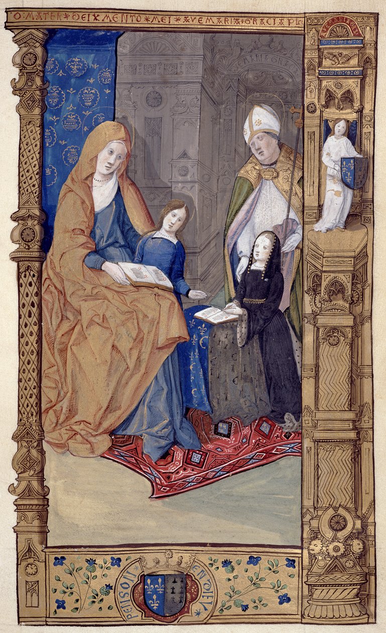 Ms.159.p14圣克劳德向法国克劳德（Prude de France）引用圣安妮和处女的跪女，1500-10号（羊皮纸上的墨水和金色墨水） 作者 安东尼·罗氏大师