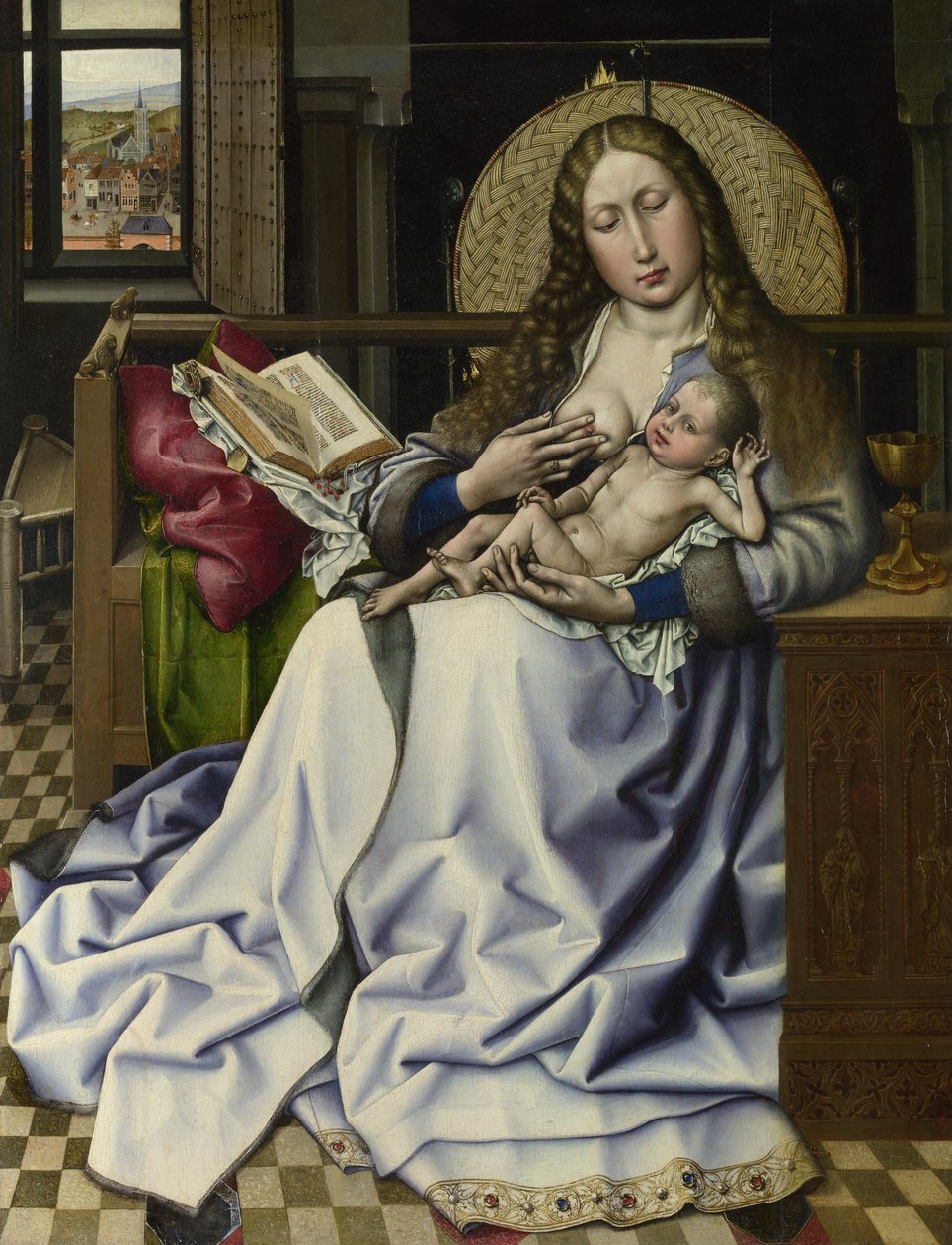 火焰屏幕前的处女和儿童，c.1440（面板上的油和鸡蛋蛋白） 作者 弗莱玛勒大师