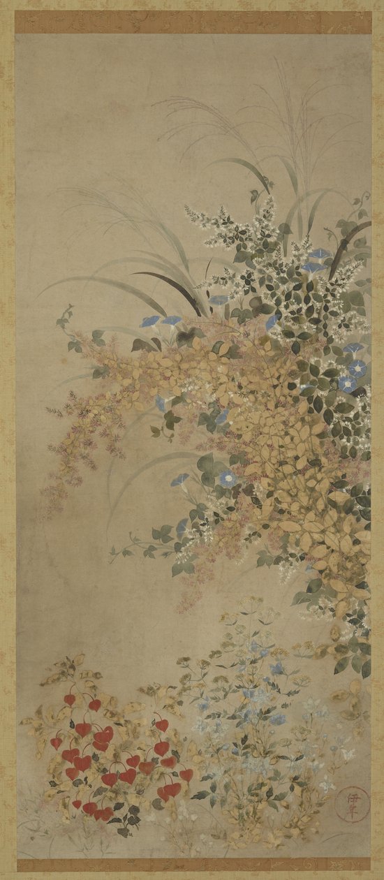 花和草，挂轴（安装在面板上），1600-30（纸上的墨水和颜色） 作者 封印大师