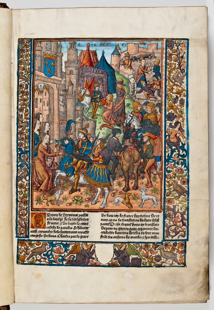 打印机Verard将他的书呈现给法国的Charles VIII，1492年（手工彩色印刷） 作者 雅克·德·贝桑松