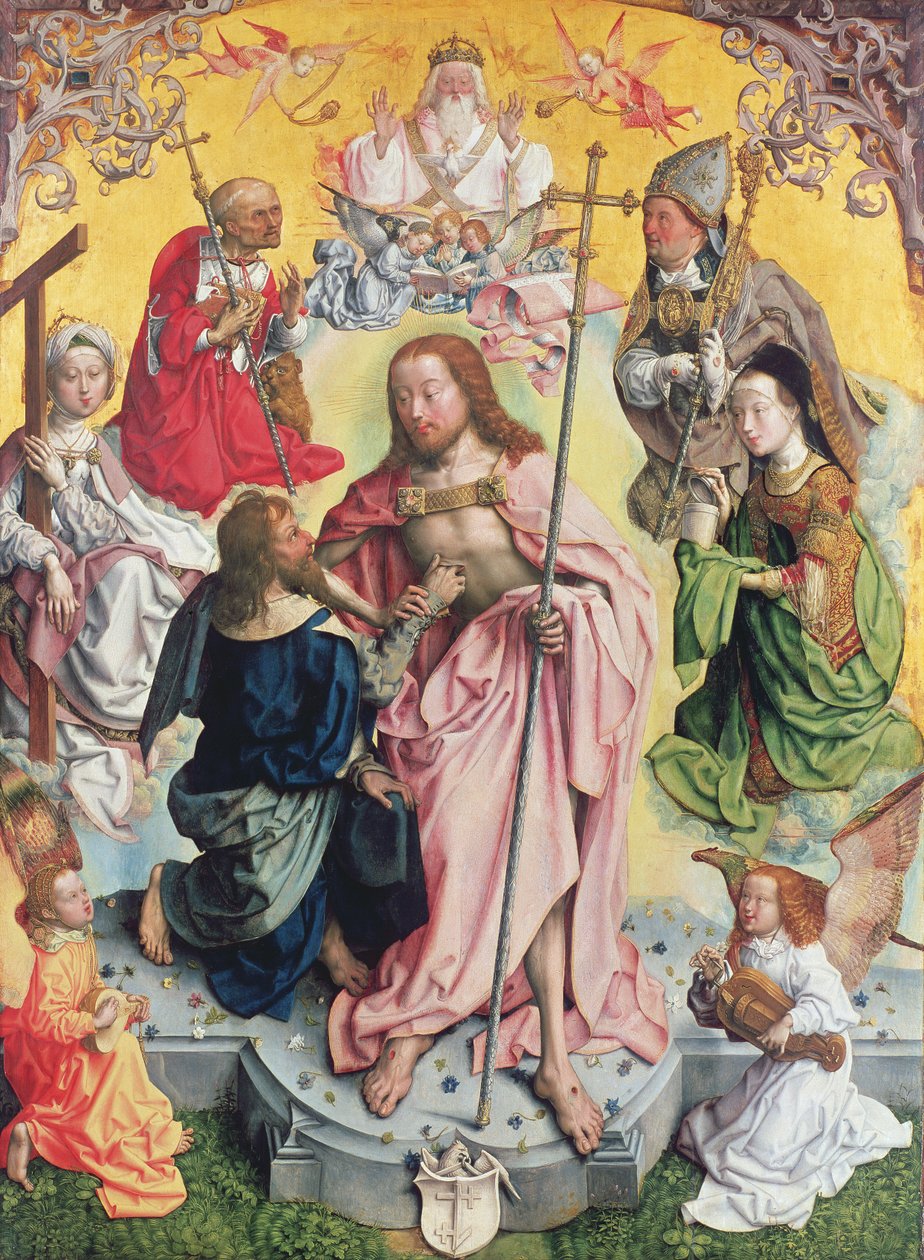 圣托马斯祭坛画的中央小组，1501，基督和圣托马斯被St.Helena，Mary Magdalena，St.Jerome和St.Ambrose包围 作者 圣巴塞勒缪大师