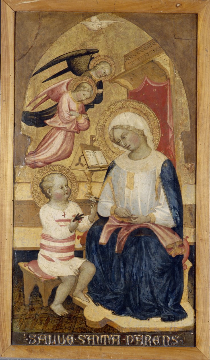 玛利亚与耶稣和两位天使，c.1425（木头上的蛋彩画） 作者 Bambino Vispo的主人