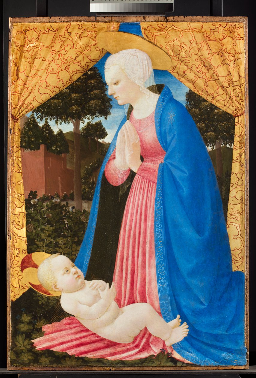 15世纪晚期的处女崇拜孩子（面板上有油釉和金色的蛋彩画） 作者 城堡诞生大师