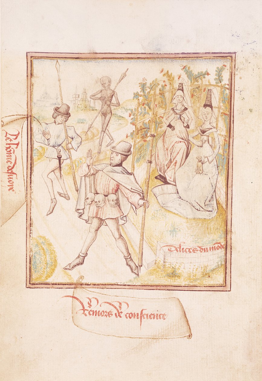 女士410 fol.24v这名男子在“Le Miroir de la Mort”，第1460页中误入歧途，思考世界的美好事物。 作者 冠军夫人的大师