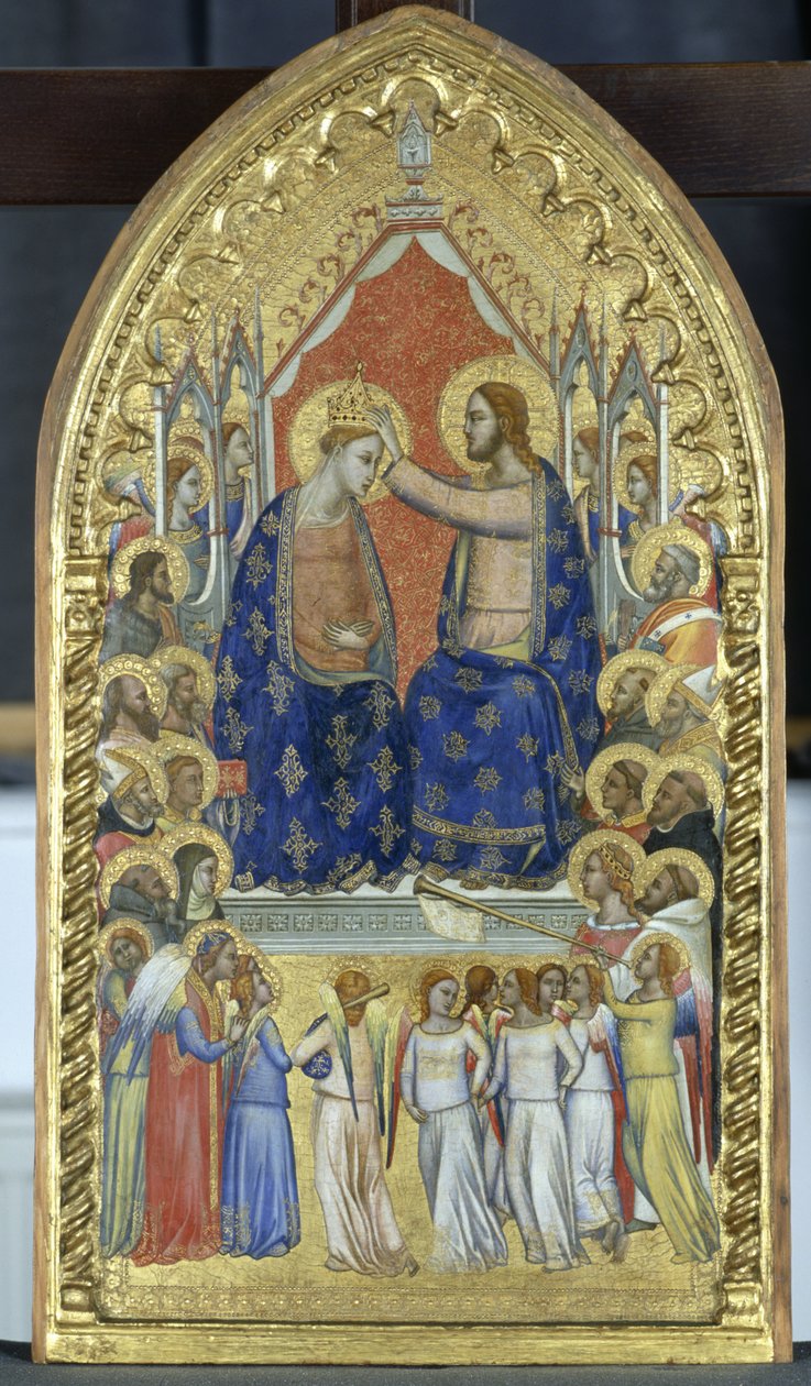 天使与圣徒的圣母加冕，c.1360（杨木上的蛋彩画） 作者 Fabriano祭坛装饰品的主人。 Fabriano祭坛的attr大师。到