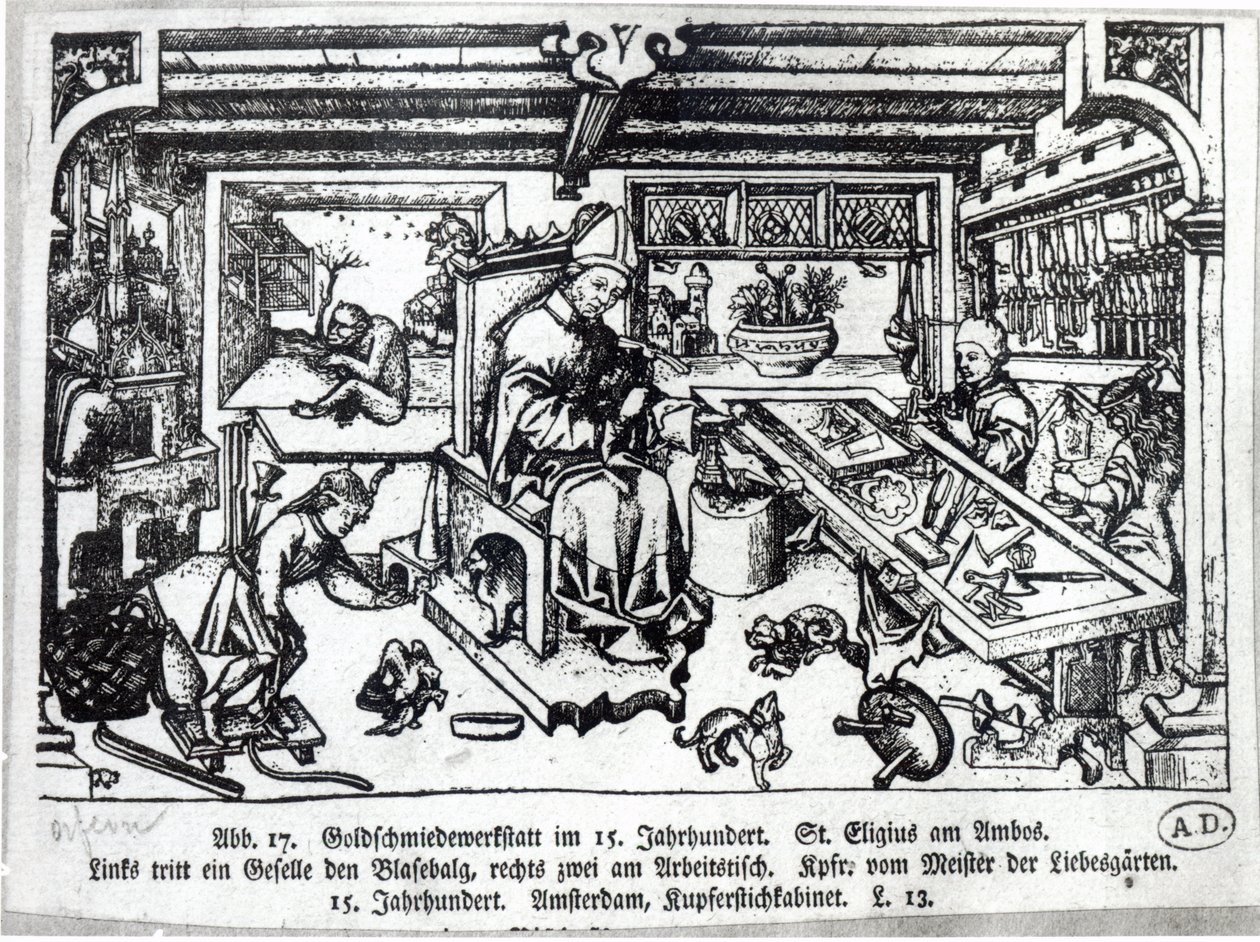 St. Eligius（c.588-660）作为他的工作室的金匠，1450 作者 爱情花园大师