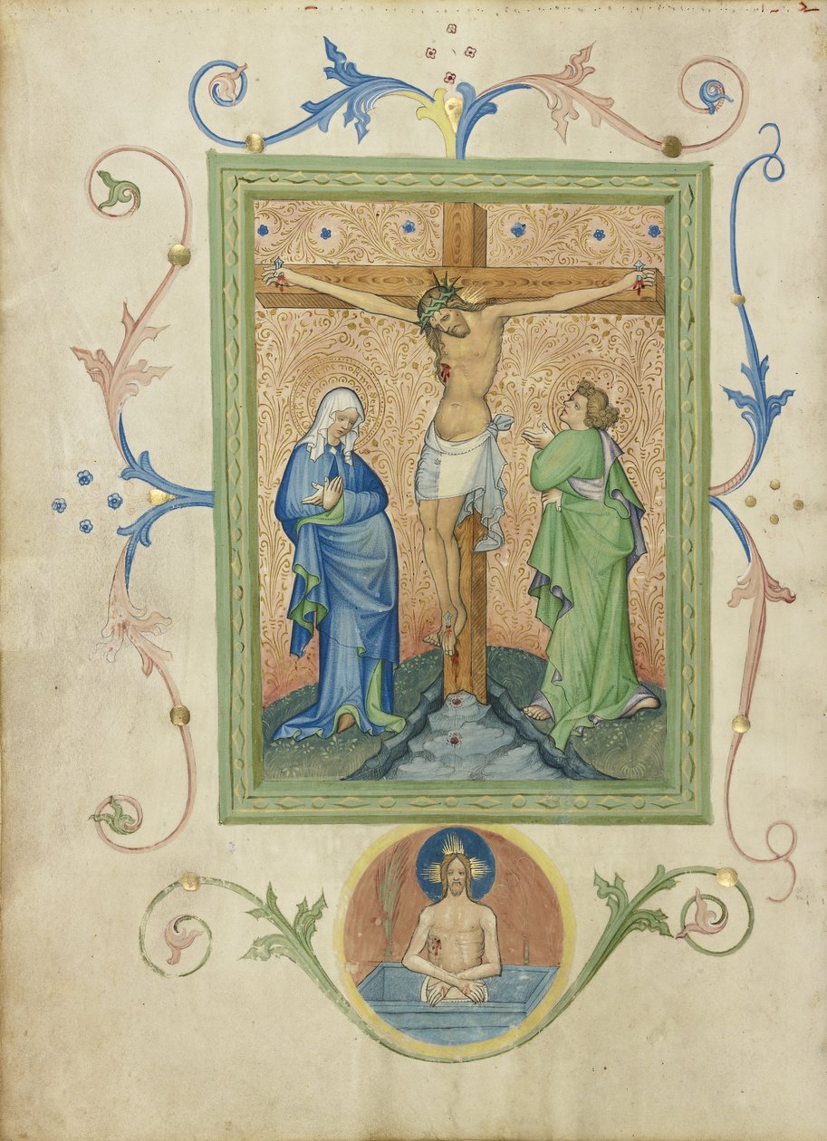 来自Collegium Ducale missal，c.1420-30的被钉十字架（蛋彩画颜色，金箔和羊皮纸上的墨水） 作者 克雷姆尼茨市书大师