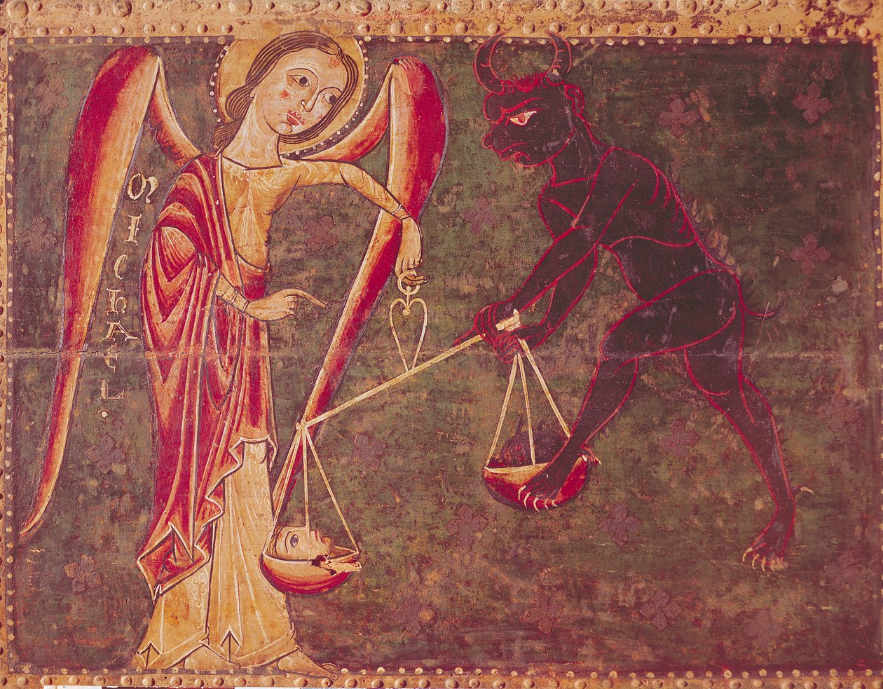 St. Michael Weighing Souls，来自Archangel Michael的祭坛画，c.1200（面板上的蛋彩画） 作者 鲁萨尼斯大师