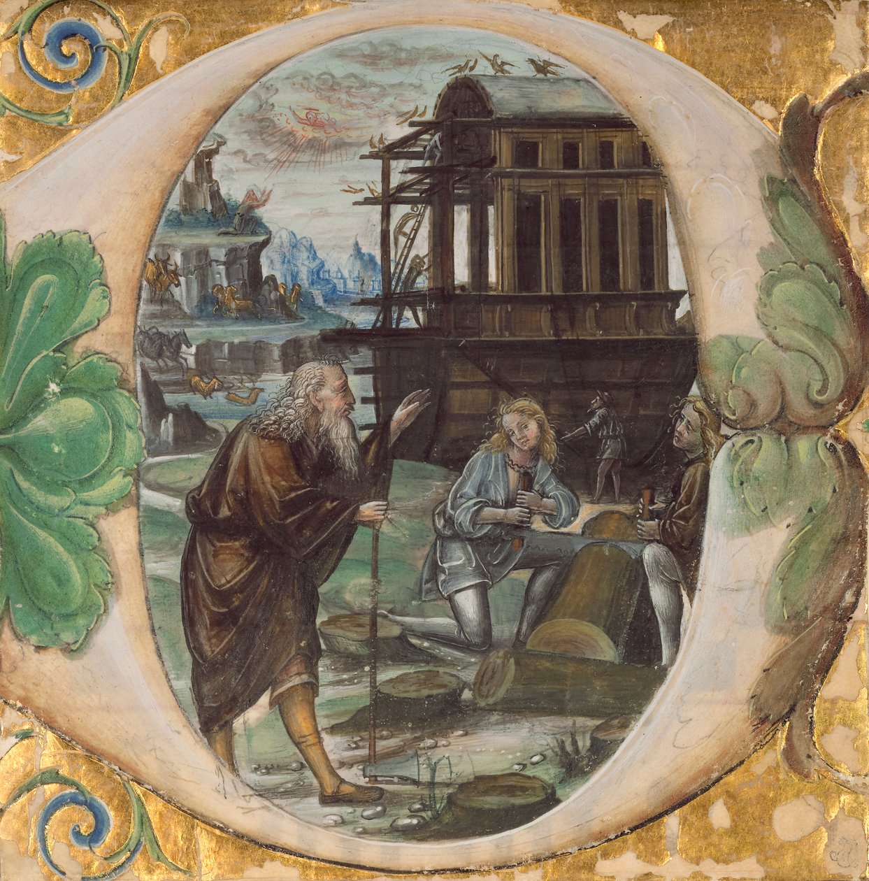 最初的D：诺亚指挥方舟的建造，c.1500（蛋彩画，金箔和墨水在羊皮纸上） 作者 会标BF大师会标BF大师