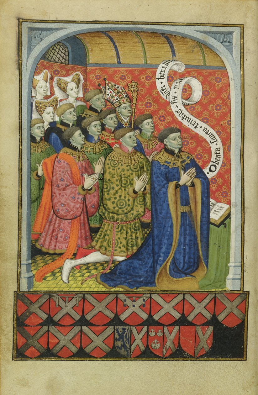 Lat 1158 f.27v内维尔家族在祈祷，来自内维尔时间，1430-35 作者 慕尼黑黄金传奇大师