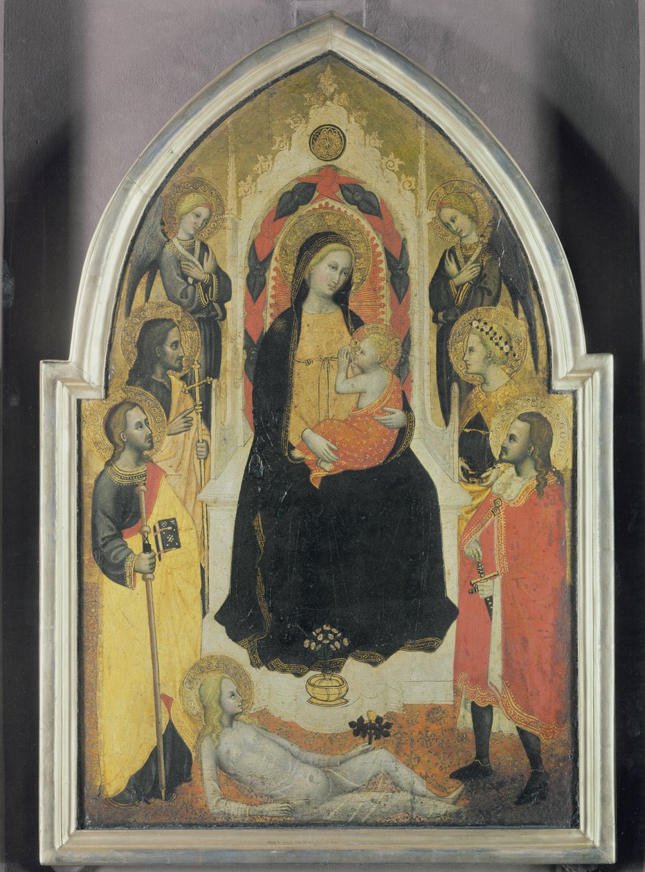 圣母子与天使和圣徒，c.1390-95（面板上的蛋彩画） 作者 施特劳斯·麦当娜大师
