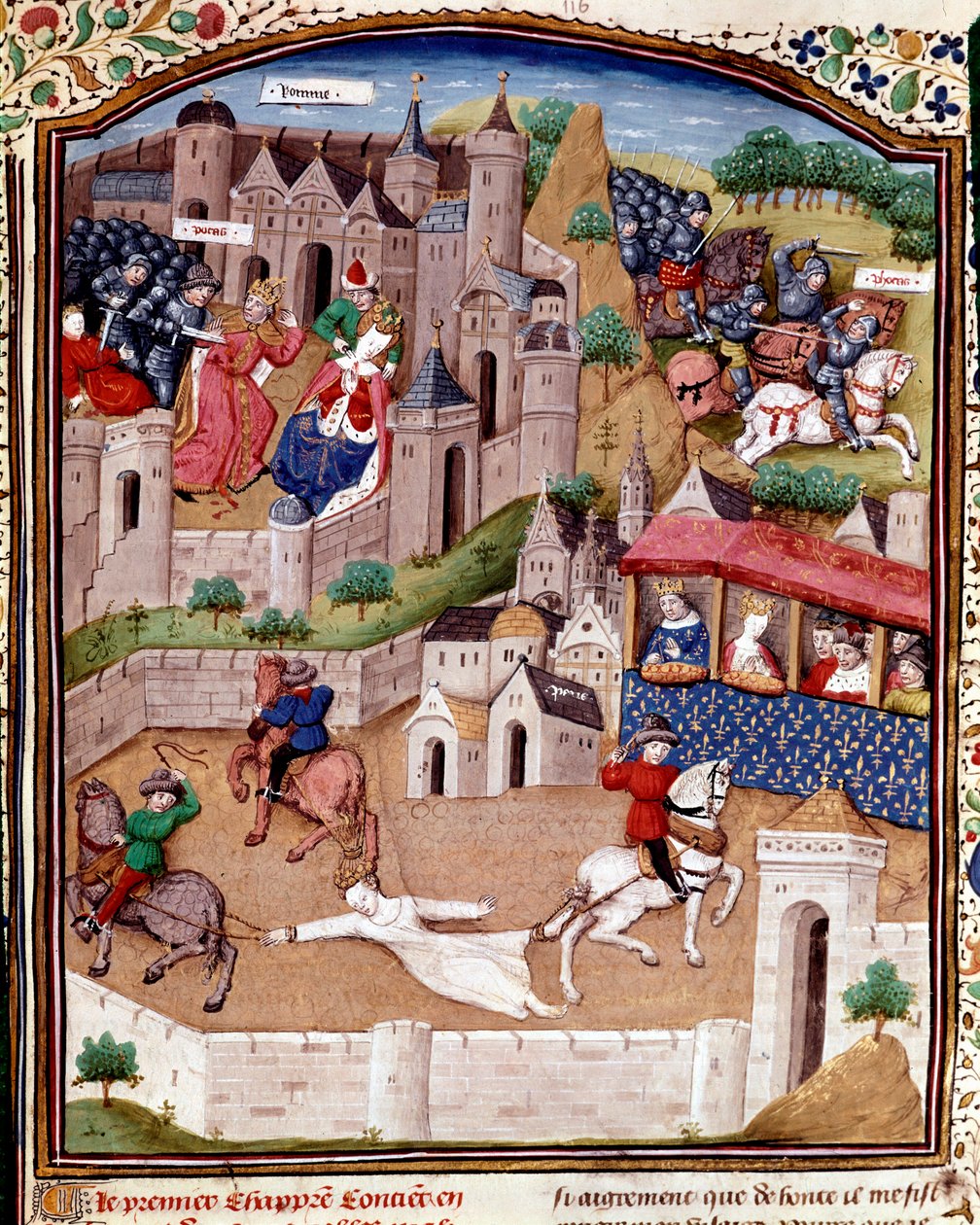 The Torment of Brunehaut The Merovingian Queen Brunehilde (543-613) is removed by three horses by order of King Clotaire (Clothaire) - Miniature taken from “” Cases of noble men and women unfortunes”” (De casibus) by Giovanni Boccaccio dit Jean Boccaccio ( 作者 杜诺瓦大师