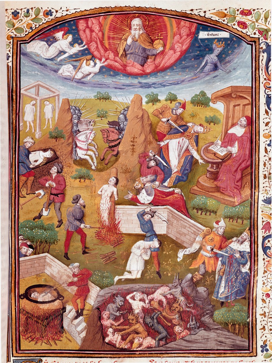 博卡西的幻象：酷刑、绞刑、屠杀的场景 微型画取自意大利作家乔万尼-博卡西奥（Giovanni Boccaccio）（又名让-博卡西）的 "贵族男女不幸的案例"（De casibus），由Laurent de Premierfait翻译，并由T. 作者 杜诺瓦大师