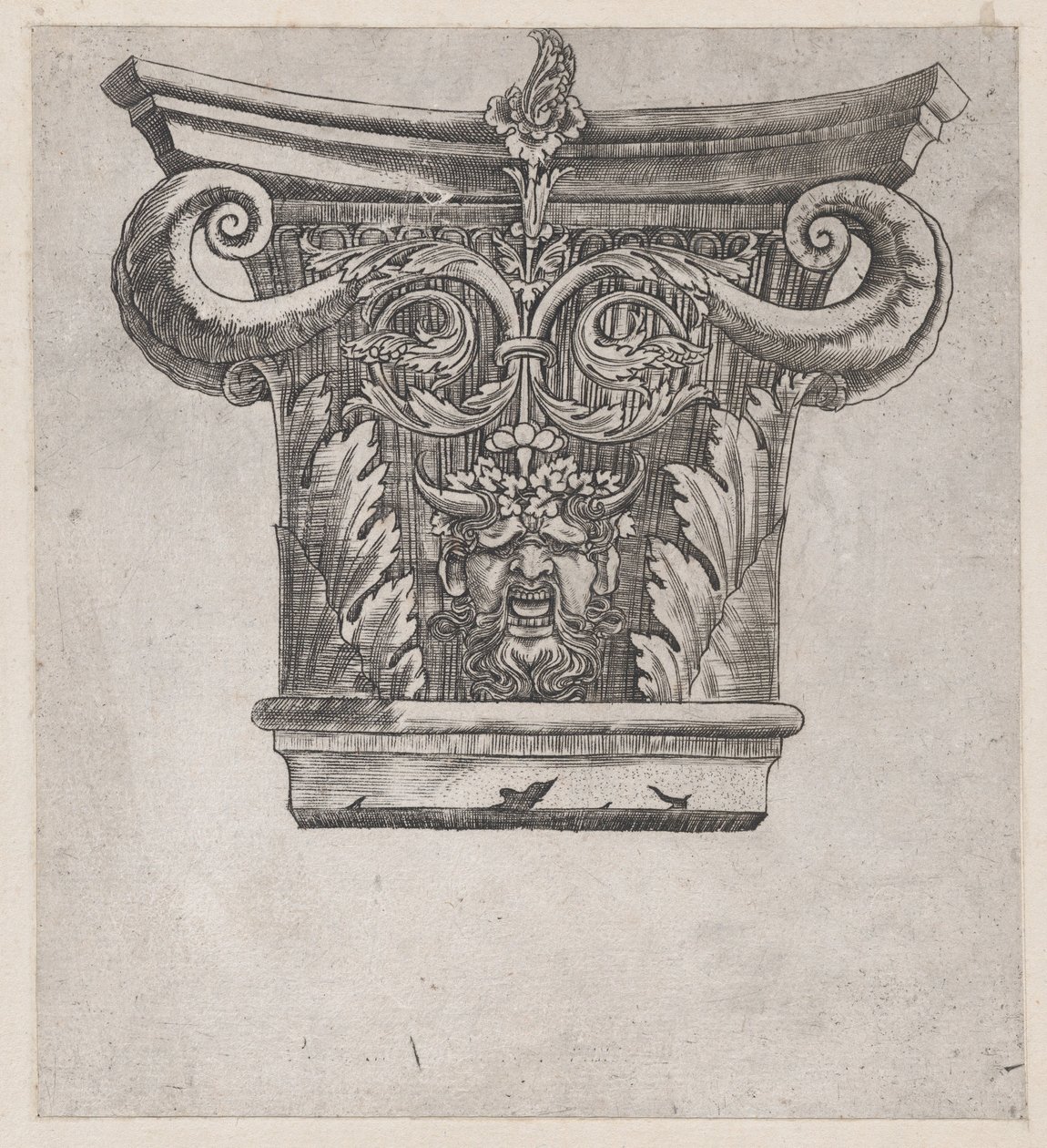 Speculum Romanae Magnificentiae：资本与peapod volutes和satyr头，约1537年，约1537年。 作者 遗传算法硕士