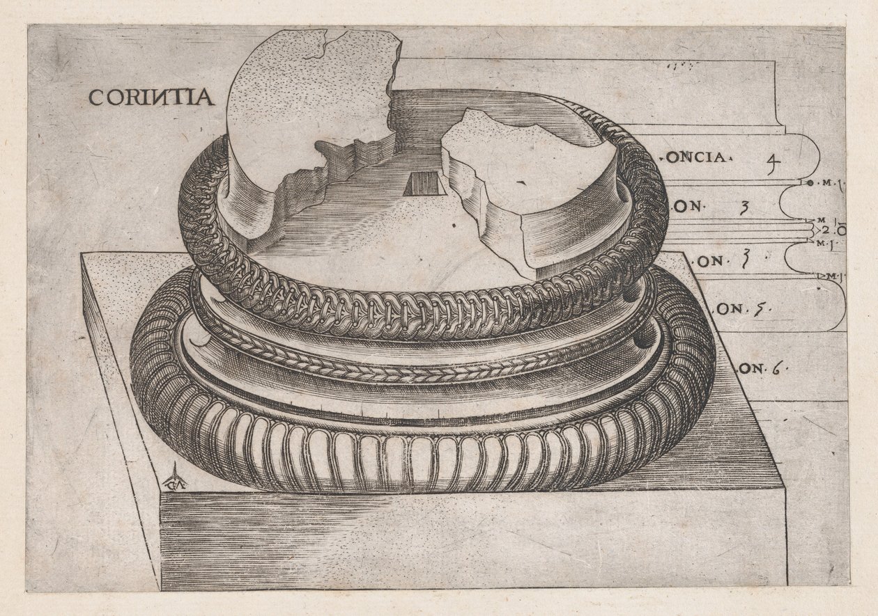 Speculum Romanae Magnificentiae：科林斯式底座，来自罗马的Mars Ultor神庙，...，约1537年。 作者 遗传算法硕士