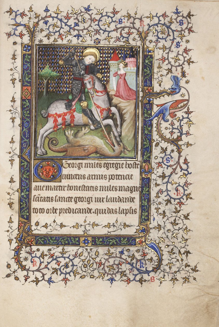 MS Widener 4 f.188r，《圣乔治与龙的战斗》，摘自《时光之书》，使用雷恩，约1405年（牛皮纸上的钢笔和墨水和蛋彩画） 作者 鲁康大师