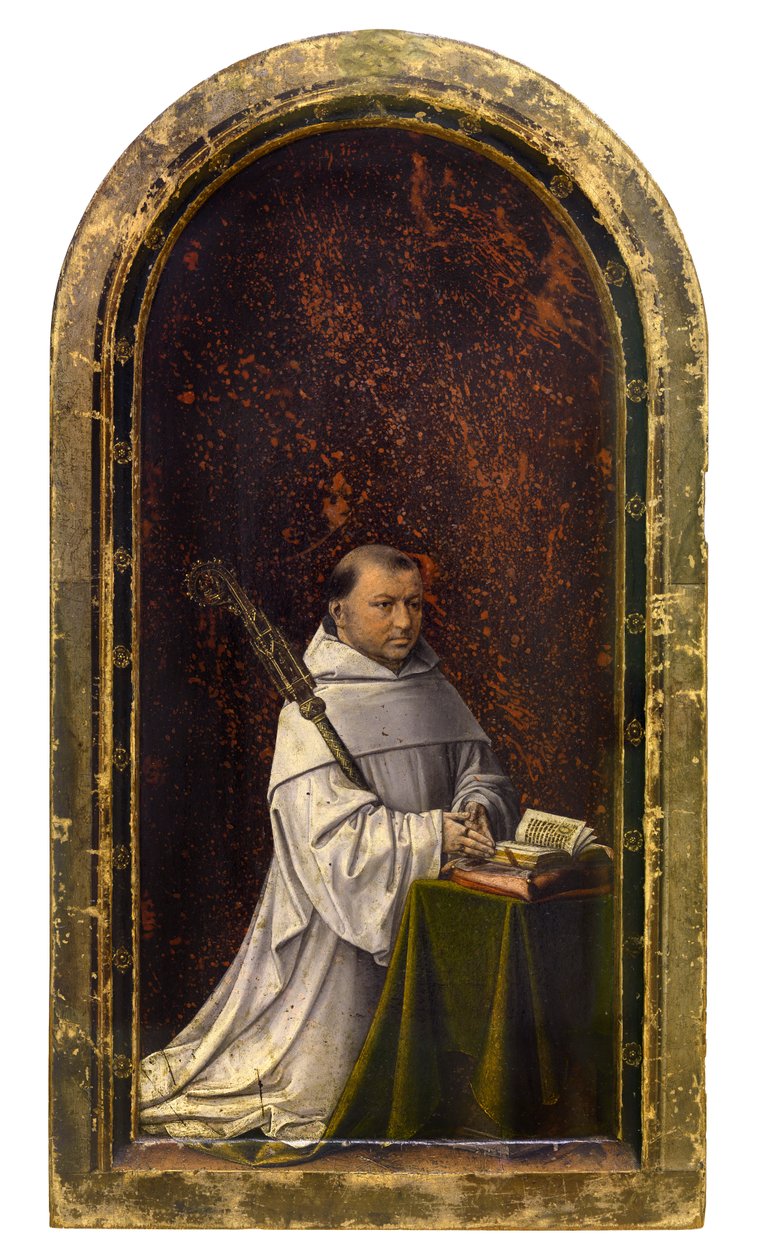 Ter Duinen 修道院院长 Robrecht de Clercq 的双联画，c.1499（面板油画） 作者 1499硕士